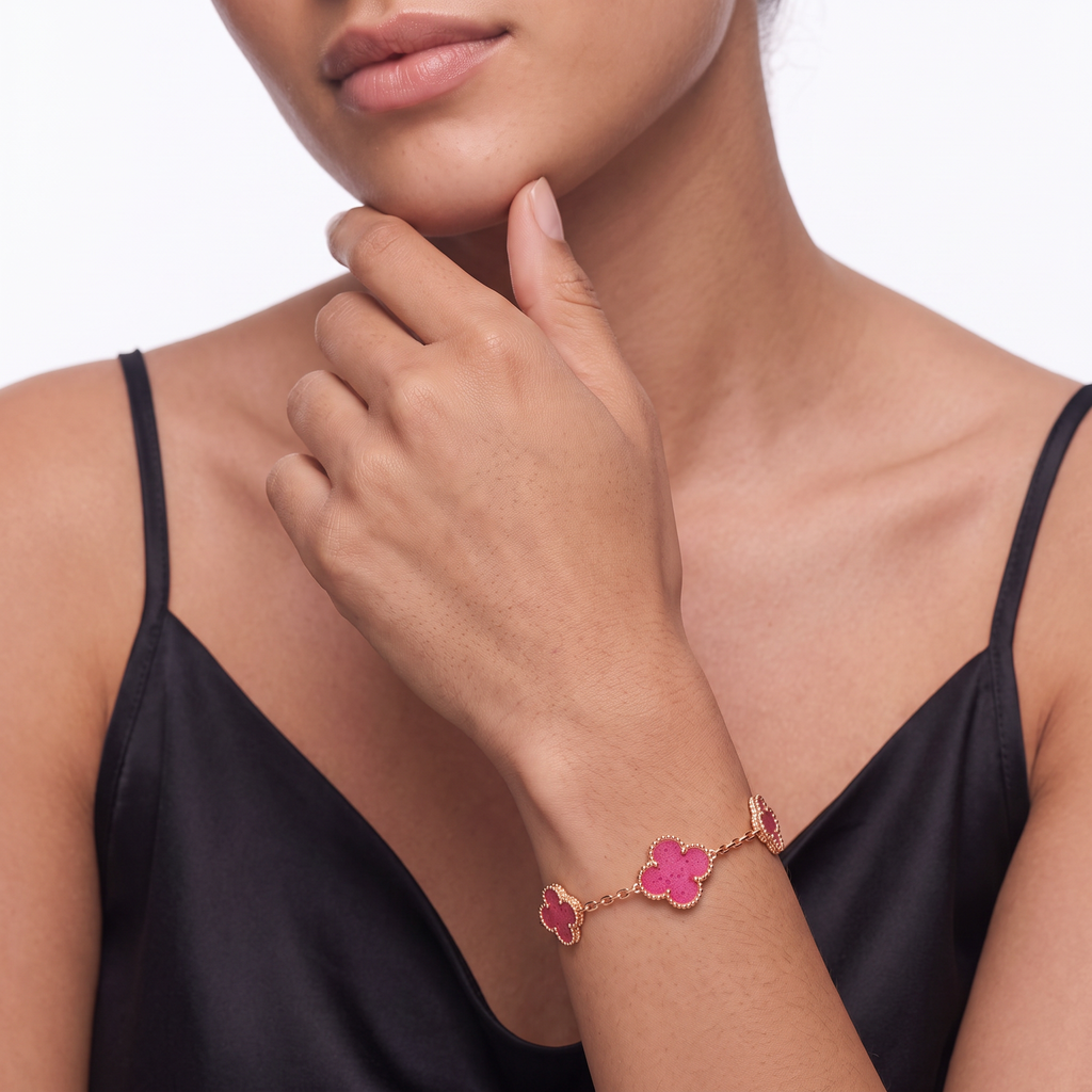 Alhambra Lucky Pink Enamel Clover 5 Motifs Bracelet