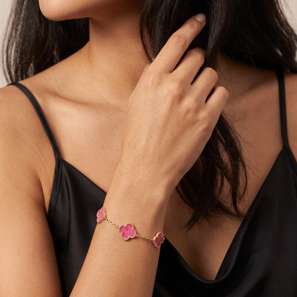 Alhambra Lucky Pink Enamel Clover 5 Motifs Bracelet