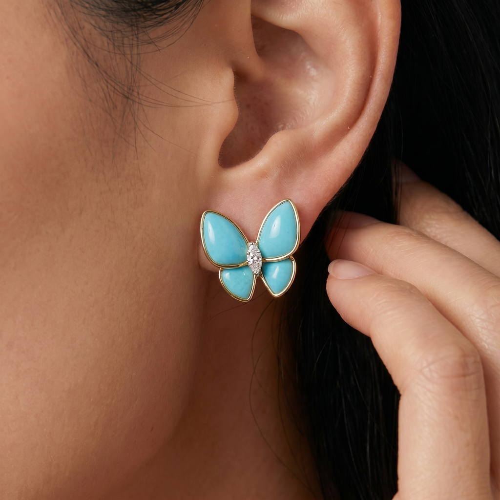 Two Butterfly Turquoise Pavé Diamond Earrings