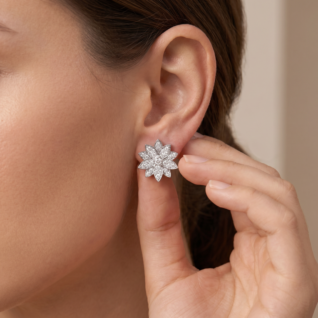 Lotus One Flower Pavé Diamonds Stud Earrings
