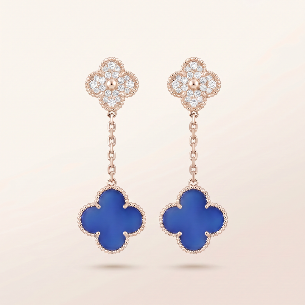 Magic Alhambra Blue Agate Pavé Diamonds Earrings