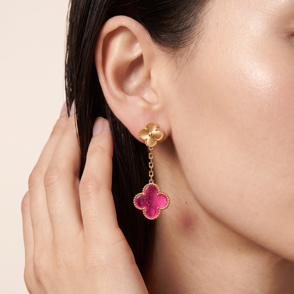 Magic Lucky Pink Enamel Clover Motifs Drop Earrings