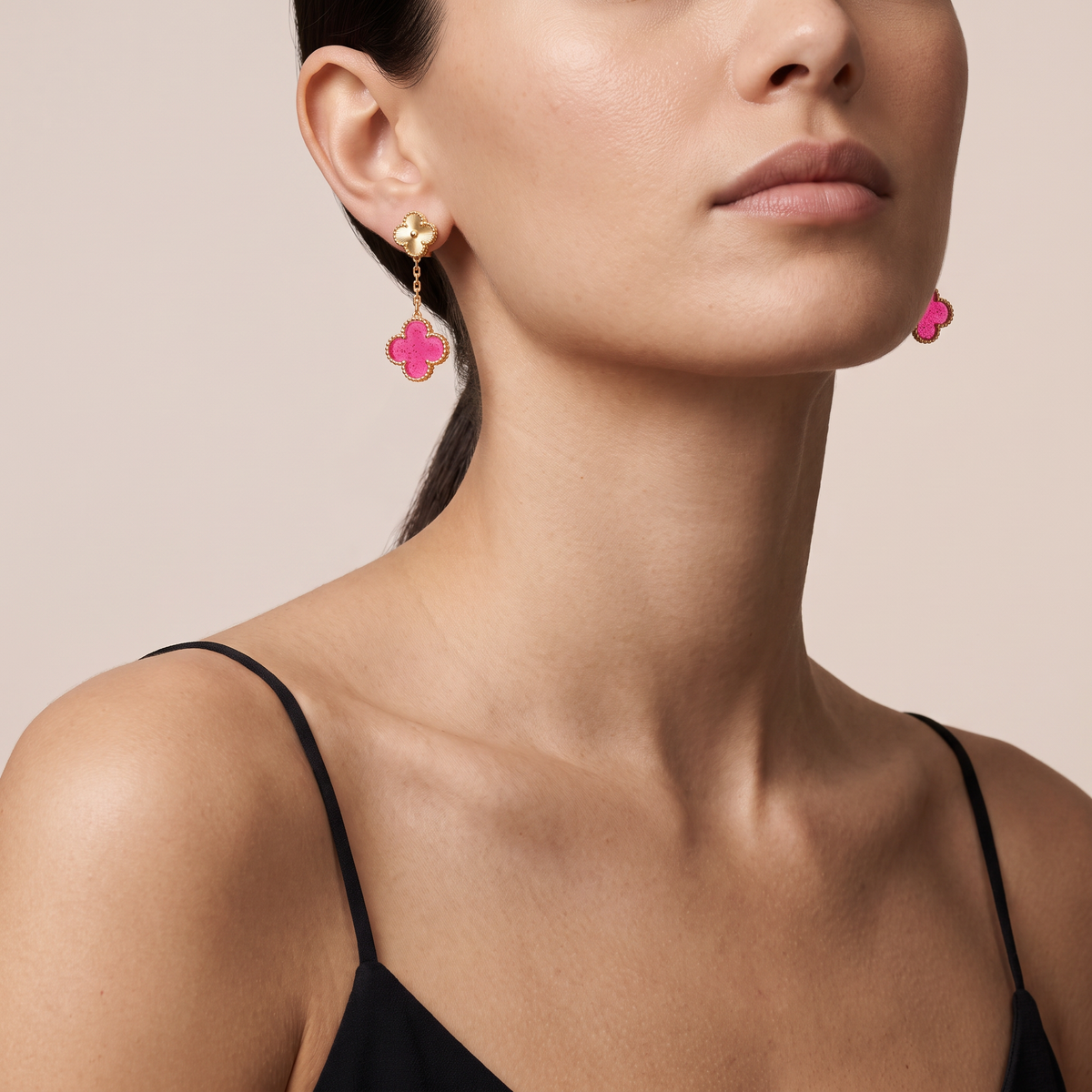 Magic Lucky Pink Enamel Clover Motifs Drop Earrings