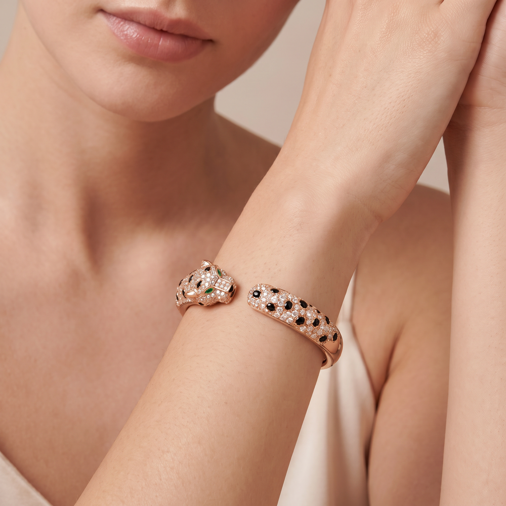 Panthere Rose Pavé Diamonds Open Bangle Bracelet